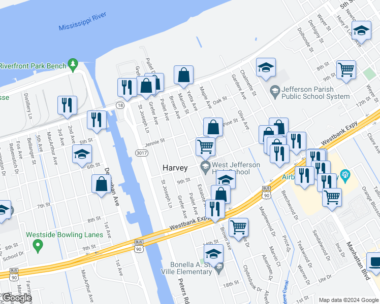 map of restaurants, bars, coffee shops, grocery stores, and more near 632 Brown Avenue in Harvey
