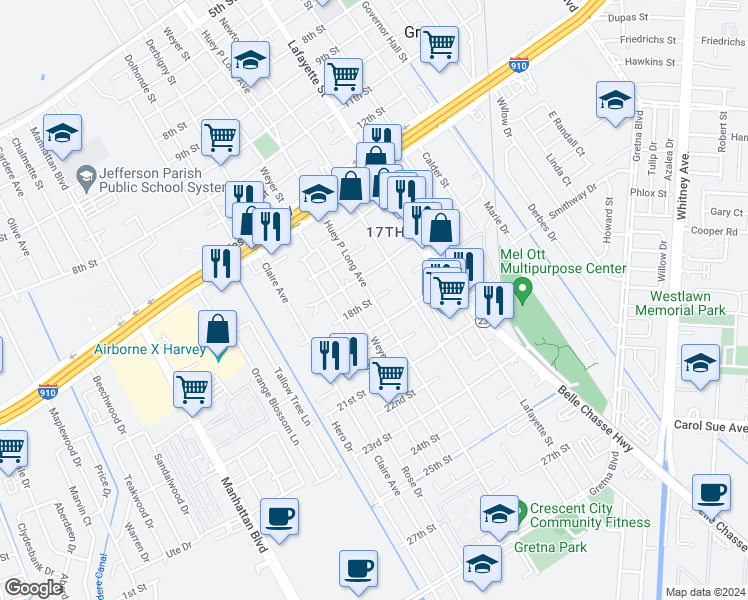 map of restaurants, bars, coffee shops, grocery stores, and more near Huey P Long Avenue in Gretna