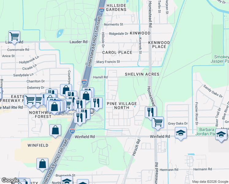 map of restaurants, bars, coffee shops, grocery stores, and more near 12311 West Village Drive in Houston