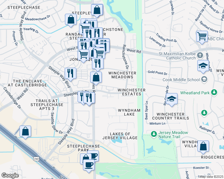 map of restaurants, bars, coffee shops, grocery stores, and more near 10903 Paterno Drive in Houston