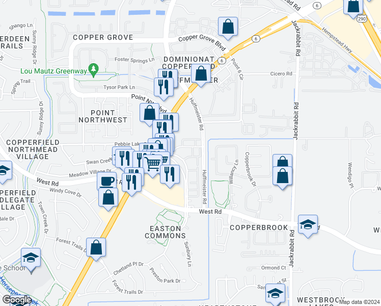 map of restaurants, bars, coffee shops, grocery stores, and more near 8550 Easton Commons Drive in Houston