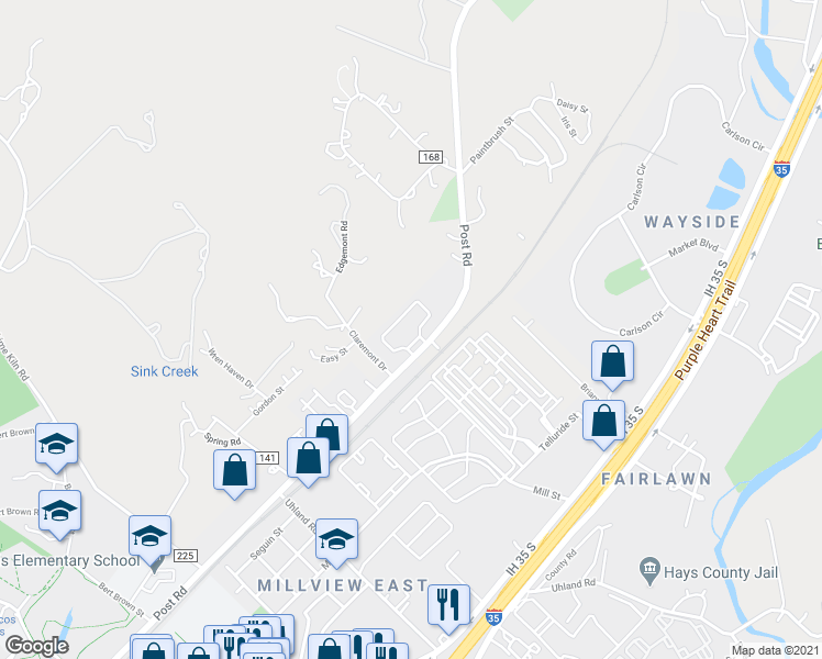 map of restaurants, bars, coffee shops, grocery stores, and more near 1647 Post Road in San Marcos