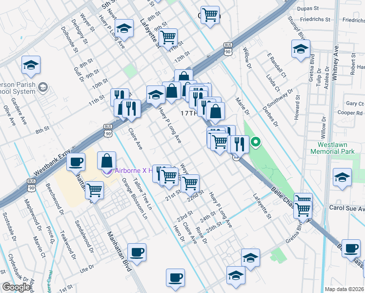 map of restaurants, bars, coffee shops, grocery stores, and more near Huey P Long Avenue in Gretna
