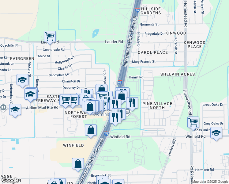 map of restaurants, bars, coffee shops, grocery stores, and more near 13006 Eastex Freeway in Houston
