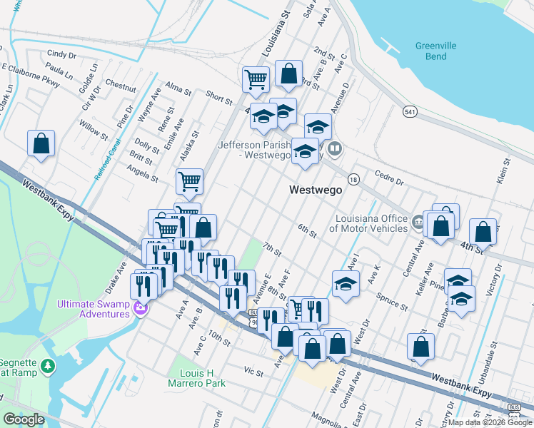 map of restaurants, bars, coffee shops, grocery stores, and more near 640 Avenue C in Westwego
