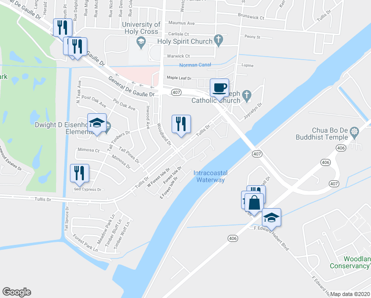 map of restaurants, bars, coffee shops, grocery stores, and more near 5911 Tullis Drive in New Orleans