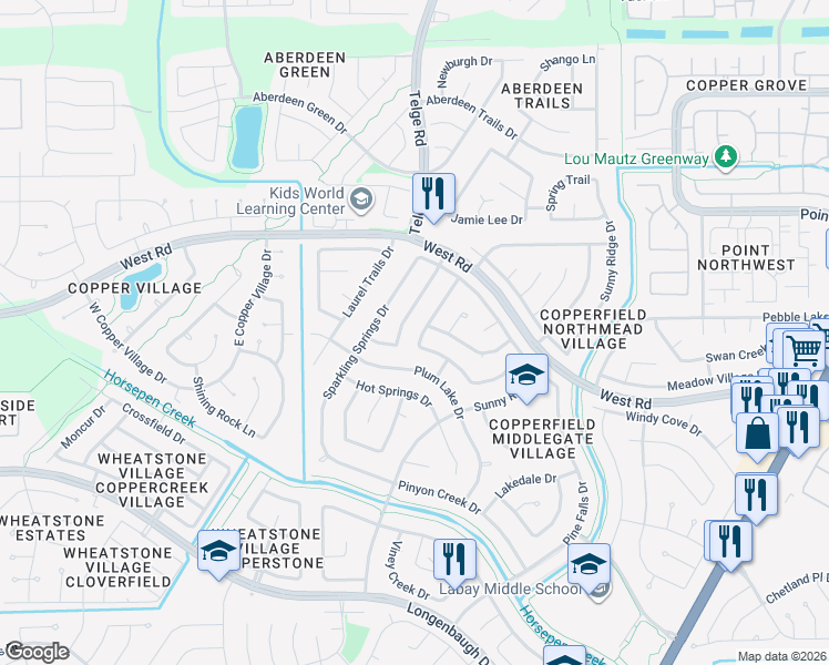 map of restaurants, bars, coffee shops, grocery stores, and more near 15966 Oak Mountain Drive in Houston