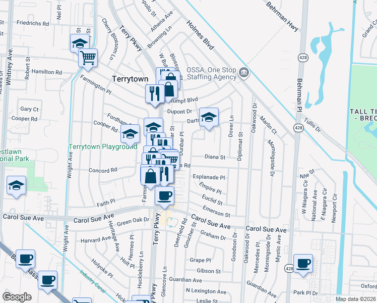 map of restaurants, bars, coffee shops, grocery stores, and more near 544 Deerfield Road in Terrytown