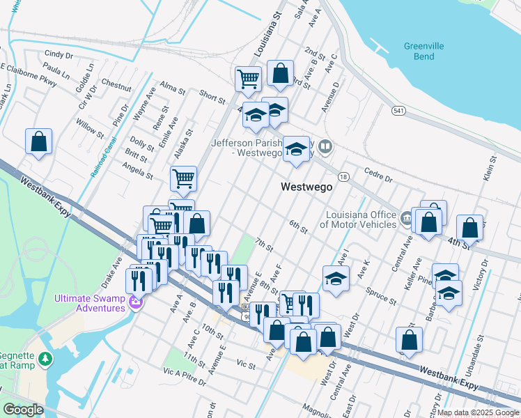 map of restaurants, bars, coffee shops, grocery stores, and more near 707 Avenue C in Westwego