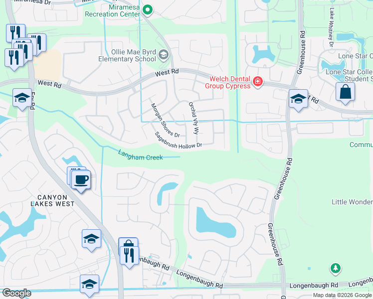 map of restaurants, bars, coffee shops, grocery stores, and more near 20015 Morgan Shores Drive in Cypress