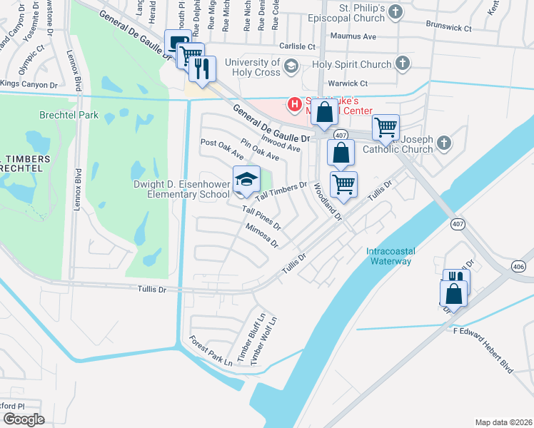 map of restaurants, bars, coffee shops, grocery stores, and more near 4048 Tall Timbers Drive in New Orleans