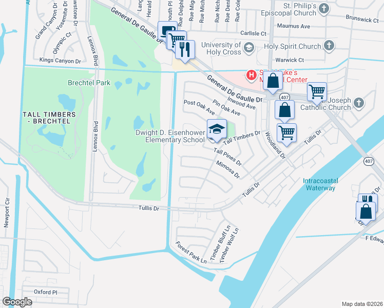 map of restaurants, bars, coffee shops, grocery stores, and more near 3533 Red Oak Court in New Orleans