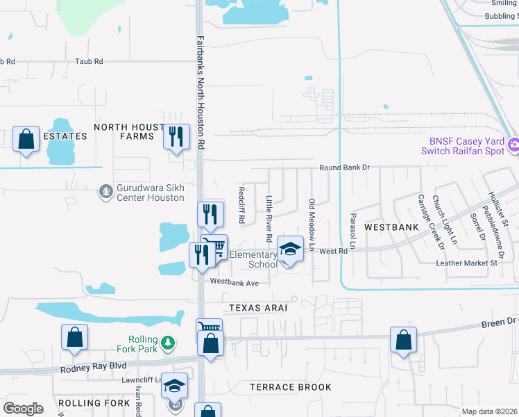 map of restaurants, bars, coffee shops, grocery stores, and more near 8618 Rivercross Road in Houston