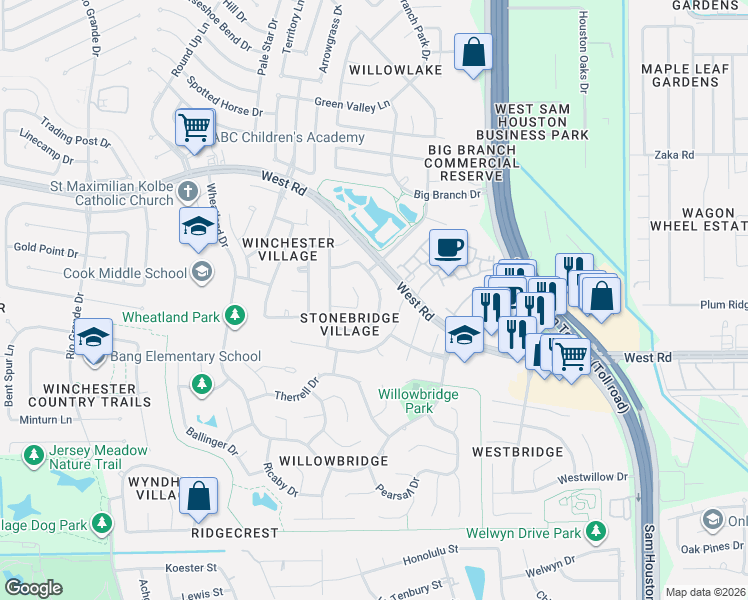 map of restaurants, bars, coffee shops, grocery stores, and more near 9307 Slate Stone Court in Houston