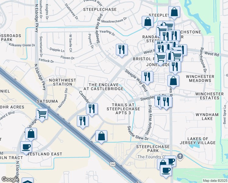 map of restaurants, bars, coffee shops, grocery stores, and more near 12507 Seattle Slew Drive in Houston