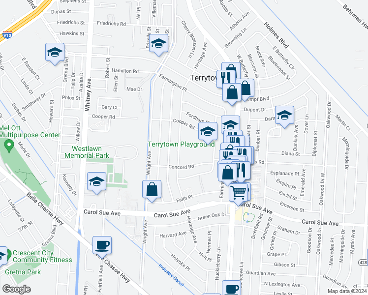 map of restaurants, bars, coffee shops, grocery stores, and more near 641 Heritage Avenue in Terrytown
