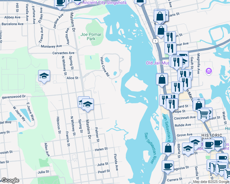 map of restaurants, bars, coffee shops, grocery stores, and more near 3410 Haley Pointe Road in St. Augustine
