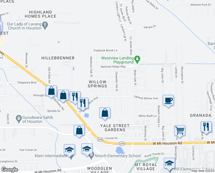 map of restaurants, bars, coffee shops, grocery stores, and more near 2830 Redwing Grove Way in Houston