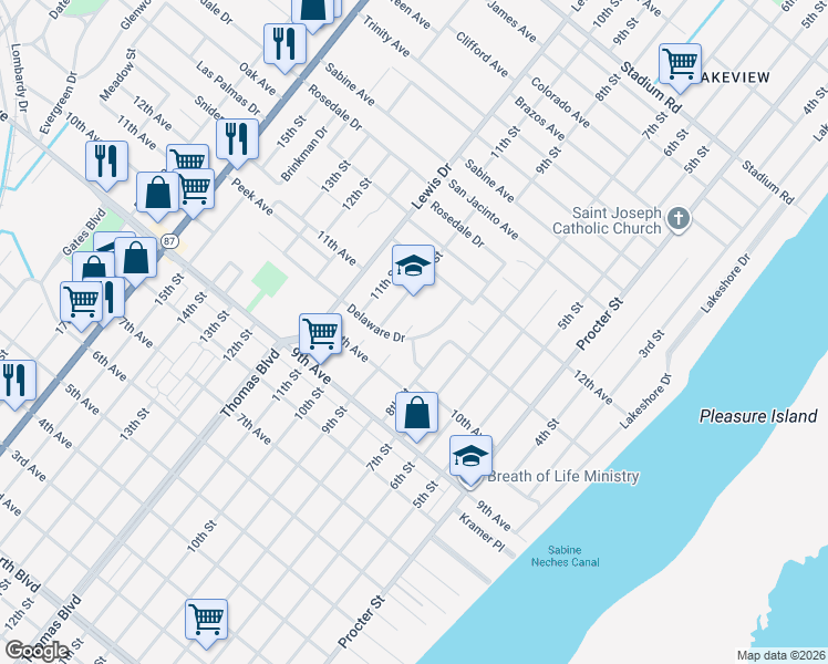 map of restaurants, bars, coffee shops, grocery stores, and more near 3900 10th Street in Port Arthur