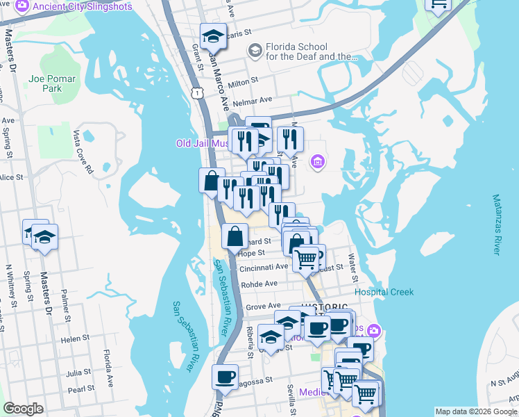 map of restaurants, bars, coffee shops, grocery stores, and more near 3 Myrtle Avenue in St. Augustine