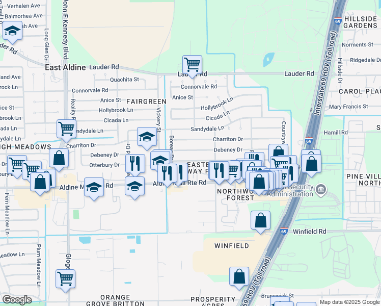 map of restaurants, bars, coffee shops, grocery stores, and more near 4803 Debeney Drive in Houston