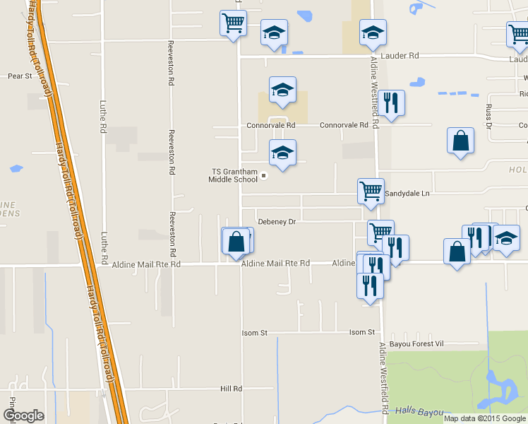 map of restaurants, bars, coffee shops, grocery stores, and more near 1519 Charriton Drive in Houston