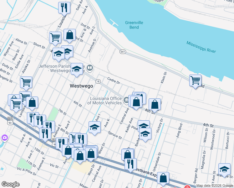 map of restaurants, bars, coffee shops, grocery stores, and more near 493 Fern Drive in Westwego