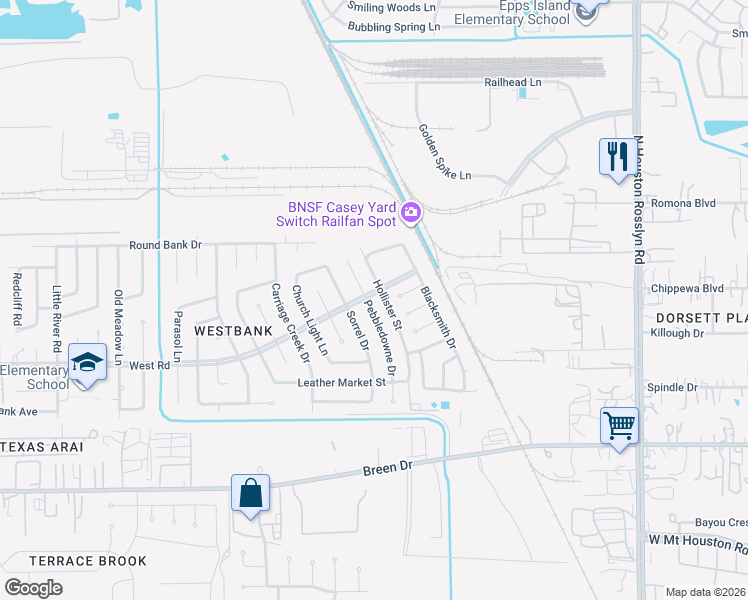 map of restaurants, bars, coffee shops, grocery stores, and more near 7522 Gold Dust Lane in Houston