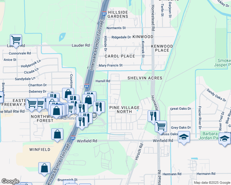 map of restaurants, bars, coffee shops, grocery stores, and more near 12423 West Village Drive in Houston