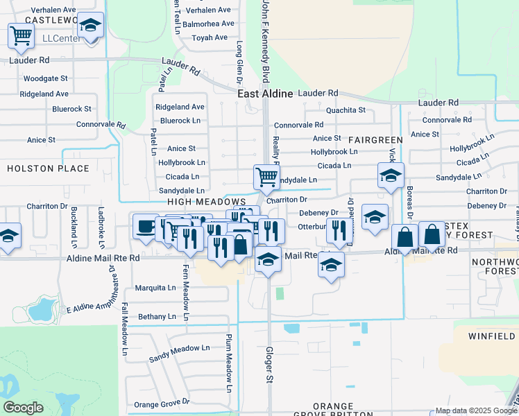 map of restaurants, bars, coffee shops, grocery stores, and more near 12459-12499 John F Kennedy Boulevard in Houston