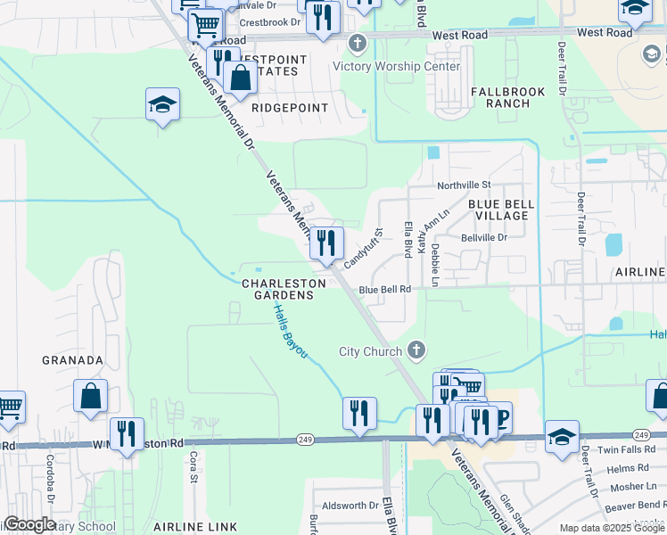 map of restaurants, bars, coffee shops, grocery stores, and more near 9760 Veterans Memorial Drive in Houston