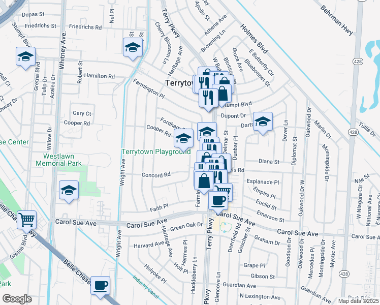 map of restaurants, bars, coffee shops, grocery stores, and more near 550 East Forest Lawn Drive in Terrytown