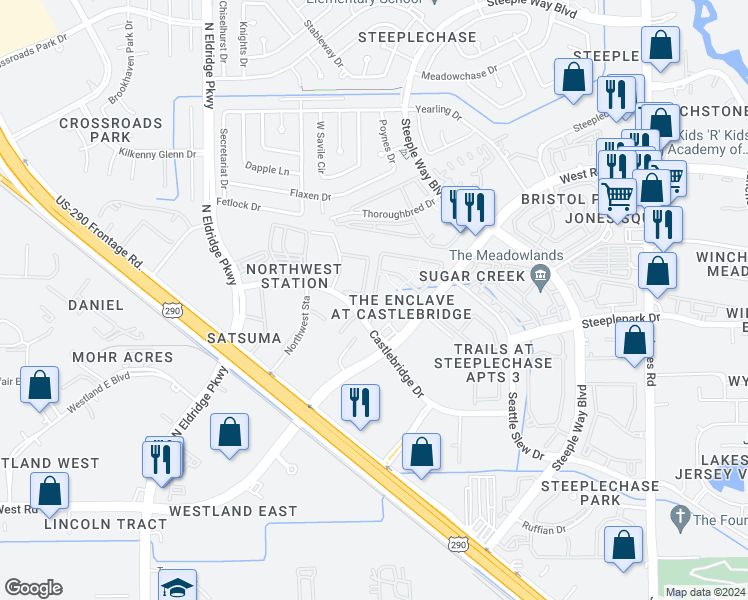 map of restaurants, bars, coffee shops, grocery stores, and more near 216 Castlegate Lane in Jersey Village
