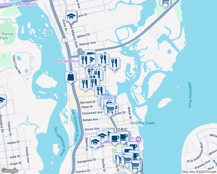 map of restaurants, bars, coffee shops, grocery stores, and more near 27 Ocean Avenue in St. Augustine