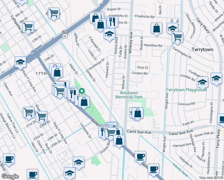 map of restaurants, bars, coffee shops, grocery stores, and more near 203 Willow Drive in Gretna