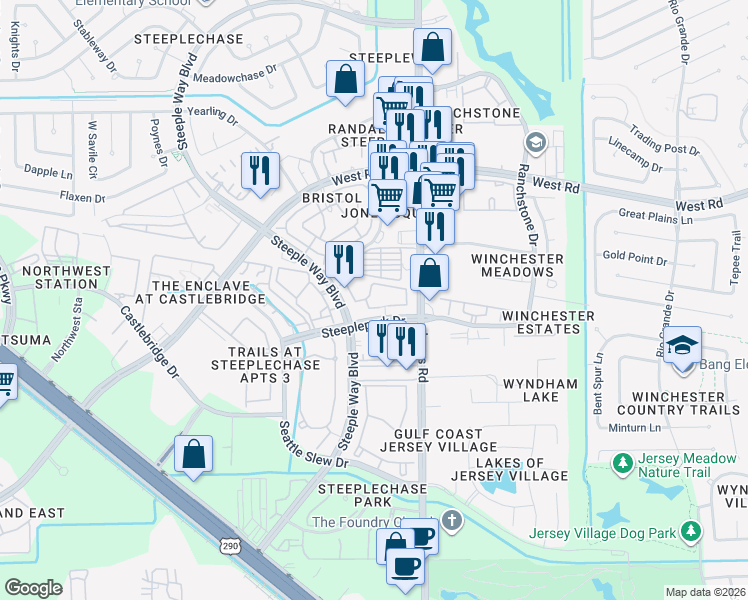 map of restaurants, bars, coffee shops, grocery stores, and more near 9001 Jones Road in Houston