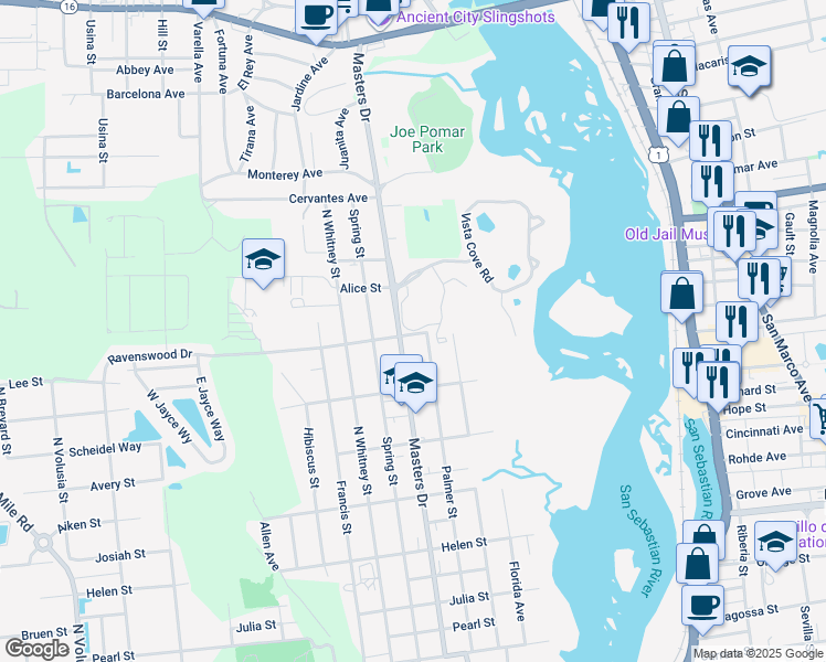 map of restaurants, bars, coffee shops, grocery stores, and more near 4413 Serena Circle in St. Augustine