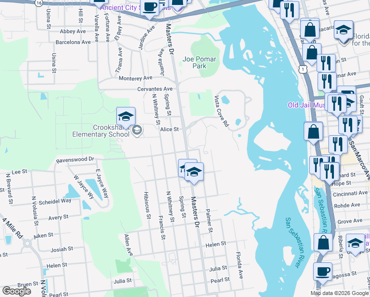 map of restaurants, bars, coffee shops, grocery stores, and more near 1411 Masters Drive in St. Augustine