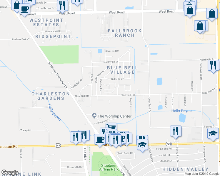 map of restaurants, bars, coffee shops, grocery stores, and more near 1419 Bellville Drive in Houston