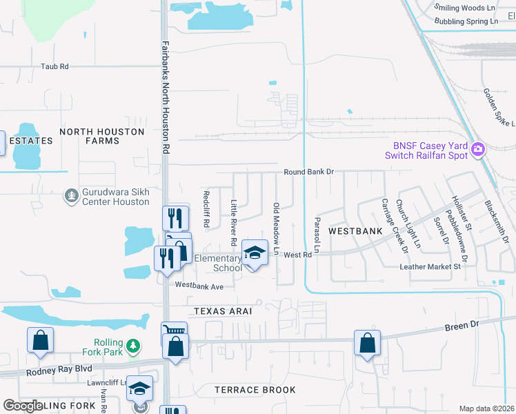 map of restaurants, bars, coffee shops, grocery stores, and more near 8527 Old Meadow Lane in Houston