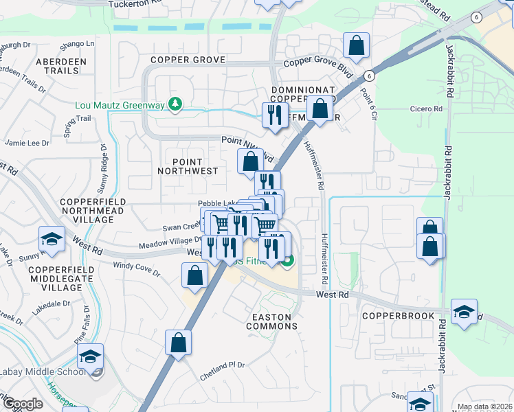 map of restaurants, bars, coffee shops, grocery stores, and more near 8608 Highway 6 in Houston