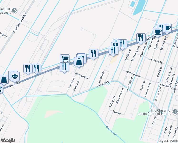 map of restaurants, bars, coffee shops, grocery stores, and more near 206 Coronado Drive in Luling