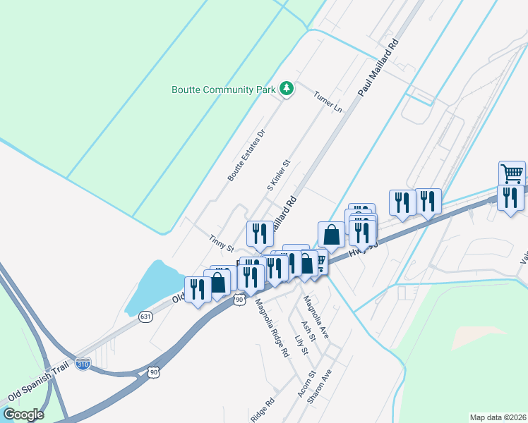 map of restaurants, bars, coffee shops, grocery stores, and more near 305 Good Children Street in Boutte
