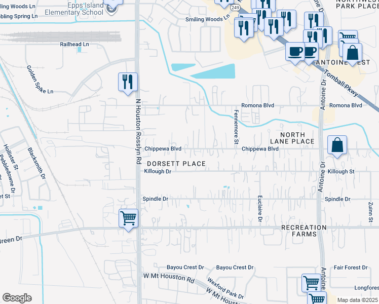 map of restaurants, bars, coffee shops, grocery stores, and more near 7009 Chippewa Boulevard in Houston