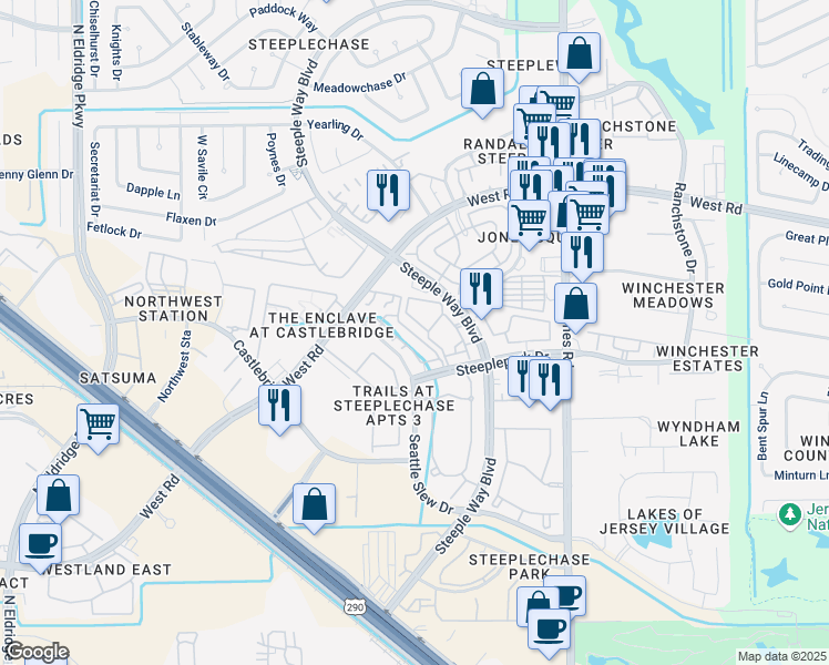 map of restaurants, bars, coffee shops, grocery stores, and more near 11501 West Road in Houston