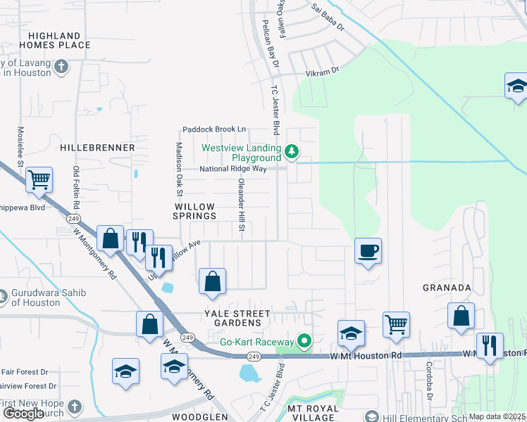 map of restaurants, bars, coffee shops, grocery stores, and more near 2719 Piney Lake Court in Houston