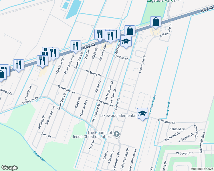 map of restaurants, bars, coffee shops, grocery stores, and more near 207 Saint Anthony Street in Luling