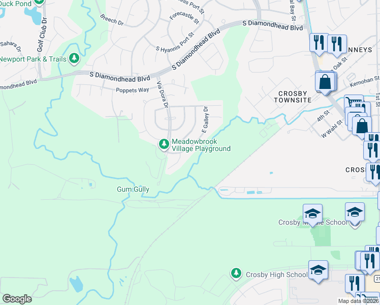 map of restaurants, bars, coffee shops, grocery stores, and more near 707 South Galley Drive in Crosby