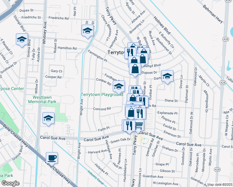 map of restaurants, bars, coffee shops, grocery stores, and more near 550 East Forest Lawn Drive in Terrytown