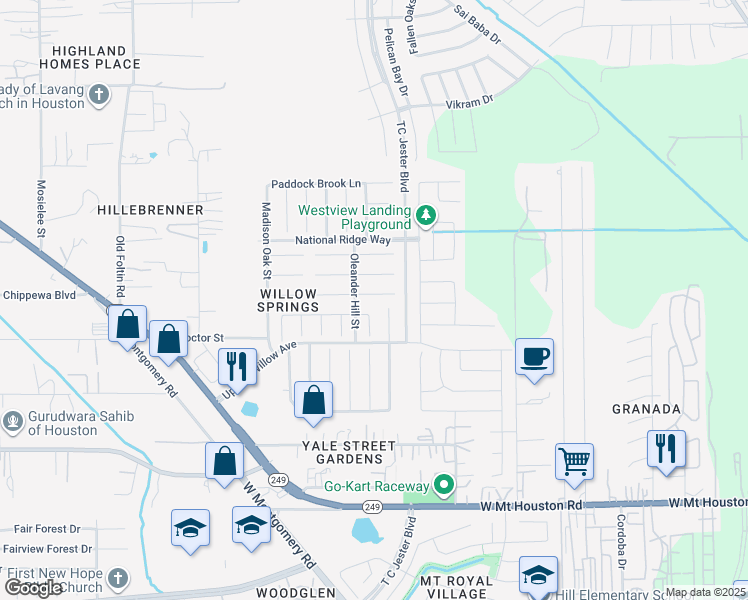 map of restaurants, bars, coffee shops, grocery stores, and more near 2719 Piney Lake Court in Houston
